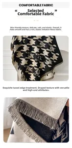 Close-up of soft cashmere-like fabric and delicate twisted tassel hem on houndstooth scarf