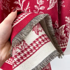 Red and white tropical leaf cashmere scarf with tassels for winter fashion accessories