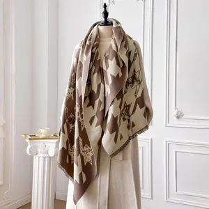 British Vintage Houndstooth Scarf For Women Winter Thick Warm Imitation Cashmere Shawl With Geometric Star Pattern And Tassels