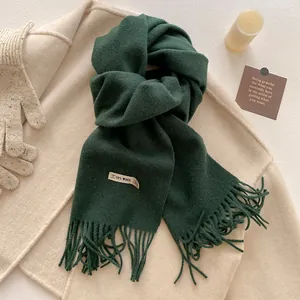 Detail of dark green cashmere-like wool blend scarf with fringe and 10% wool label