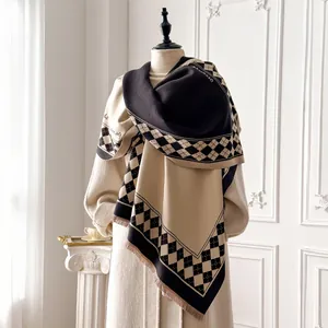 Winter Women Elegant Imitation Cashmere Scarf Checkerboard Argyle Tassel Shawl Vintage Letter Print Soft Warm Polyester Scarf For Daily Wear