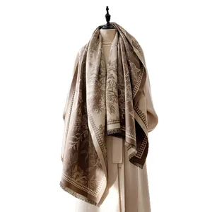 Tropical leaf jacquard cashmere scarf with houndstooth border and elegant fringe