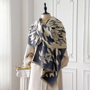 British style houndstooth scarf with star pattern and tassels on beige coat