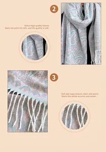 Détail du motif jacquard paisley et des franges blanches sur un châle épais
