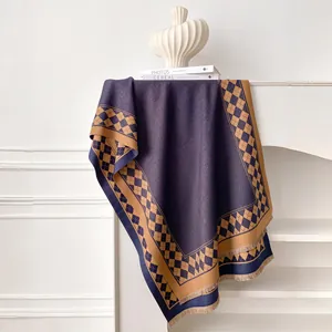 Winter checkered cashmere-feel scarf in purple and tan with fringe details for warmth