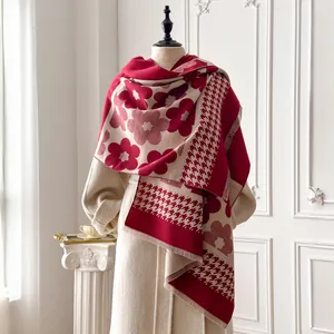 Vintage Floral Houndstooth Scarf For Women Thick Warm Imitation Cashmere Shawl Wrap With Tassels Soft Winter Neck Scarf