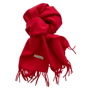 Solid red cashmere-feel wool scarf with fringe and 10% wool premium quality label