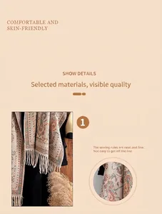 Détail du motif cachemire sur châle pashmina avec ourlet de qualité et finitions frangées