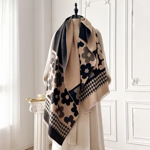 Floral and houndstooth pattern pashmina shawl for women in camel and black color