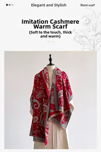 Close-up of thick cashmere-like scarf featuring red paisley patterns and soft fringe detail