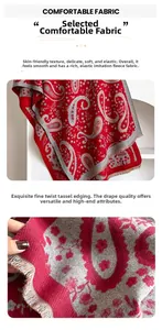 Detail of red and grey paisley patterns on soft cashmere-like shawl with fringed edges