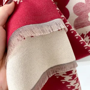 Floral and houndstooth cashmere feel winter scarf with thick tassels in red and white