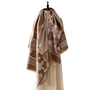 Brown floral and houndstooth check cashmere feel winter shawl with fringe for women