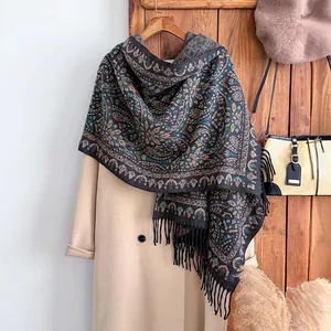 Écharpe Vintage Jacquard Cachemire pour Femmes Style Ethnique Bohémien Grand Châle Avec Glands Enveloppement Hivernal Chaud Pashmina