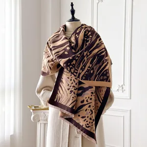 Fashion Women Leopard Zebra Print Faux Cashmere Scarf Large Thick Warm Winter Jacquard Shawl With Tassels For Commuting