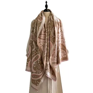 Bohemian paisley pattern shawl for women with pink floral details and soft tassels
