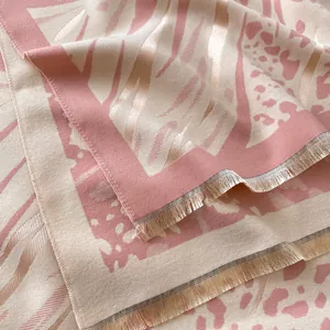 Pink leopard print cashmere-like scarf with fringe and elegant abstract pattern