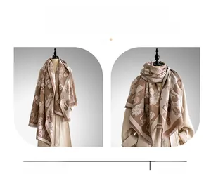 Dual-view detail showing the jacquard cat pattern and fringed edges on the brown shawl