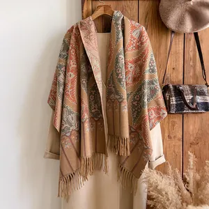 Elegant retro bohemian paisley shawl with fringe tassels for winter warmth