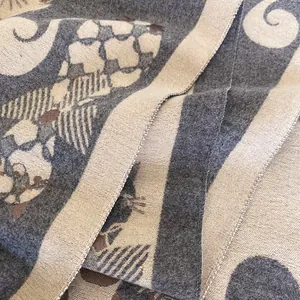 Close-up of thick jacquard weave cashmere-like scarf with abstract scroll patterns