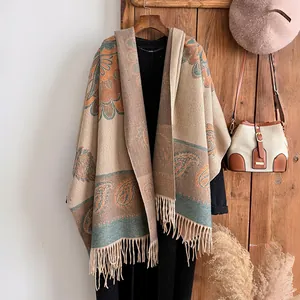 Retro paisley knit shawl with floral patterns and tassels for autumn winter warmth
