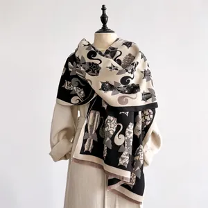Women Abstract Cat Jacquard Scarf Imitation Cashmere Double Sided Warm Shawl Wrap With Tassels Casual Autumn Winter Scarf
