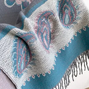 Vintage paisley pattern cashmere blend scarf with tassels in blue and grey tones