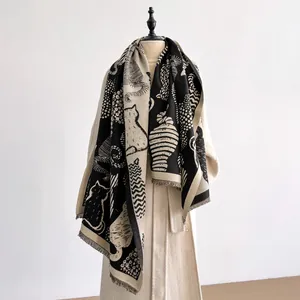 Abstract Cat Jacquard Shawl Scarf Winter Warm Imitation Cashmere Thick Wrap With Tassels For Women Fashion Accessory