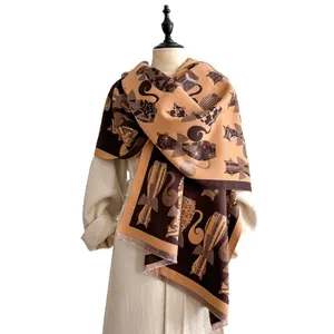 Abstract cat pattern jacquard cashmere shawl scarf with fringes for women in autumn and winter