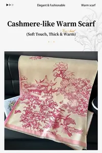 Detailed texture of warm faux cashmere scarf with vintage red oriental floral patterns