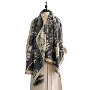 Abstract sketch cat jacquard shawl with fringe, thick autumn-winter scarf for women