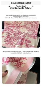 Detail of soft faux cashmere shawl with traditional Chinese floral prints and fine tassels