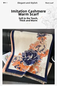 Close-up of imitation cashmere scarf with peony pattern and short tassels in a gift box