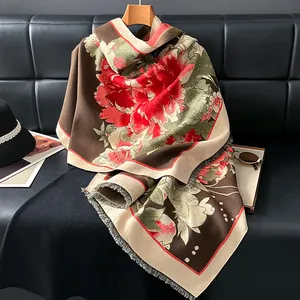 Vintage Peony Jacquard Imitation Cashmere Scarf Large Floral Tassel Shawl Elegant Lady Winter Warm Wrap Fashion Accessory