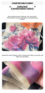 Detail of faux cashmere scarf featuring pink peony patterns and refined fringe edges