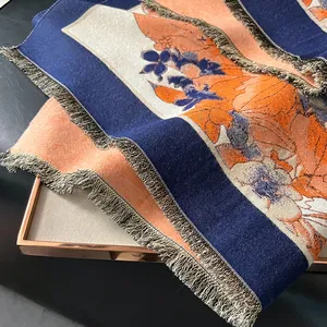 Elegant navy and orange peony jacquard pashmina shawl with tassel fringe for winter