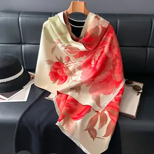 Women's Vintage Peony Print Cashmere-Like Scarf Chinese Style Flower Butterfly Pattern Shawl Wrap With Tassels For Winter Warmth Gift