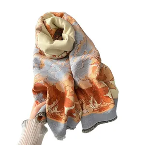 Elegant peony jacquard faux cashmere shawl scarf with floral patterns and soft tassels