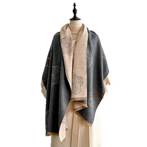 Reversible double-sided camellia flower scarf with tassels in thick soft cashmere-like fabric