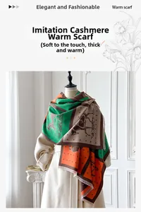 Detail of faux cashmere scarf featuring horse print and color block patterns