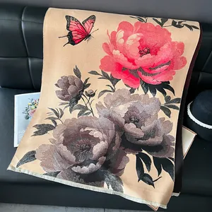 Detail of peony pattern on imitation cashmere shawl with elegant fringe and butterfly