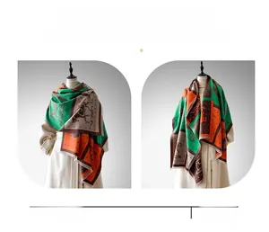 Detailed view of color-block scarf with horse carriage patterns and soft tassel edges
