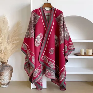Vintage red paisley cashmere-style shawl poncho with thick bohemian ethnic patterns