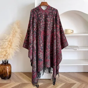 Vintage Ethnic Paisley Poncho Shawl Imitation Cashmere Tassel Warm Wrap For Women Travel Vacation Photography Open Front Cloak
