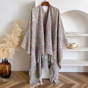 Ethnic bohemian paisley shawl wrap with white fringe trim and soft knit texture