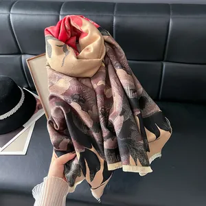 Imitation cashmere shawl with ink style peony floral patterns and fringed edges