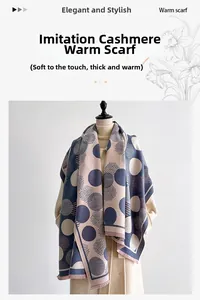 Detail of soft cashmere-feel scarf with geometric dots, warm fabric and tassel edge