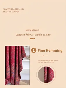 Detalle del chal jacquard étnico con costura de sobrehilado precisa y detalles de flecos