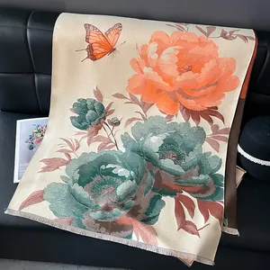 Peony ink art cashmere-feel scarf with tassels and butterfly print for women