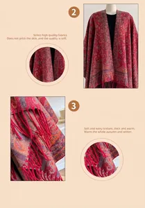 Detalle del patrón de cachemira rojo y los flecos largos en el chal de pashmina